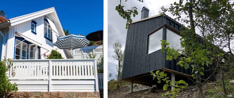 Til venstre: Sommerhus med hvit maling. Foto: Mostphotos.png. og hytte med oljebeis. Lykketjednet, Valdres. Arkitekt og foto: Rodeo Architects