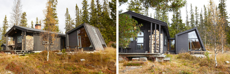 Tilbygg hytte Hedalen, side og front. Arkitekt og foto PML Arkitektur AS.png