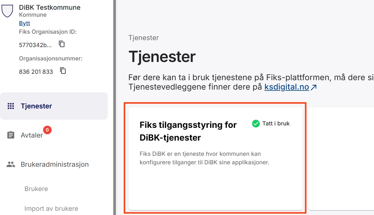 Steg 4: Velg Fiks tilgangsstyring for DiBK-tjenester