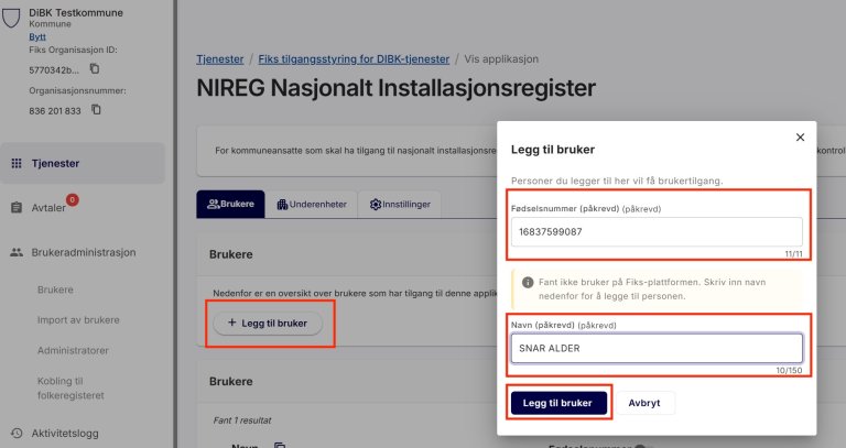 Eksempel på hvordan man legger til en bruker