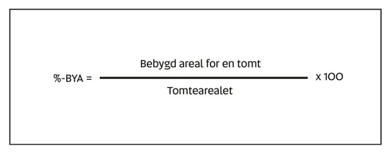 § 5-3 figur 1: Formelen for %-BYA (%-BYA = Bebygd areal for en tomt delt på tomtearealet ganger 100). § 5-3 figur 1: Formelen for %-BYA (%-BYA = Bebygd areal for en tomt delt på tomtearealet ganger 100).