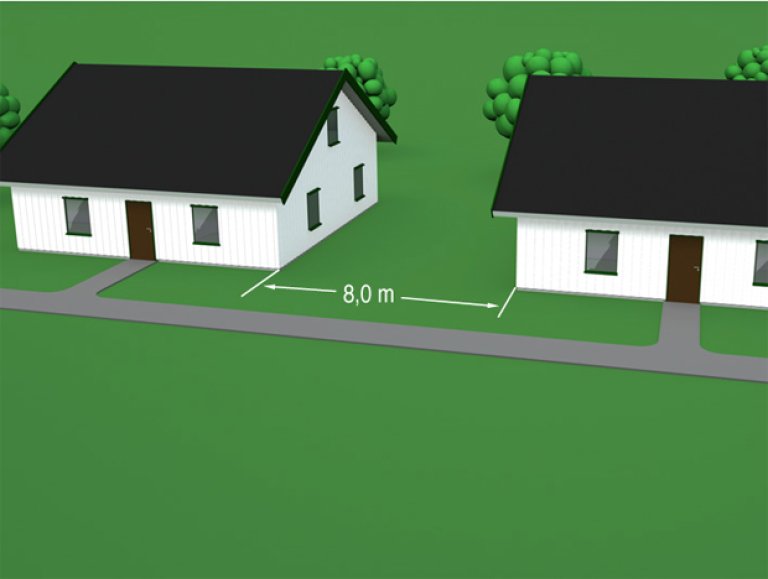 § 11-6 Figur 1: Skille mellom lave byggverk i ulike bruksenheter. Avstand minimum 8,0 m eller branncellebegrensende bygningsdel(er). § 11-6 Figur 1: Skille mellom lave byggverk i ulike bruksenheter. Avstand minimum 8,0 m eller branncellebegrensende bygningsdel(er).