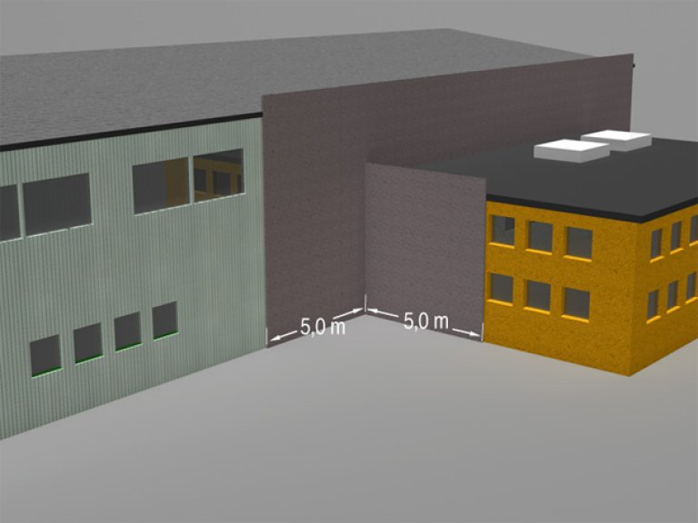 § 11-7 Figur 1b: Utforming for å hindre brannsmitte fra vegg til vegg i innvendige hjørner. Alternativ 2: Seksjoneringsveggen forlenges minimum 5,0 meter forbi innvendig hjørne i begge fasadene.