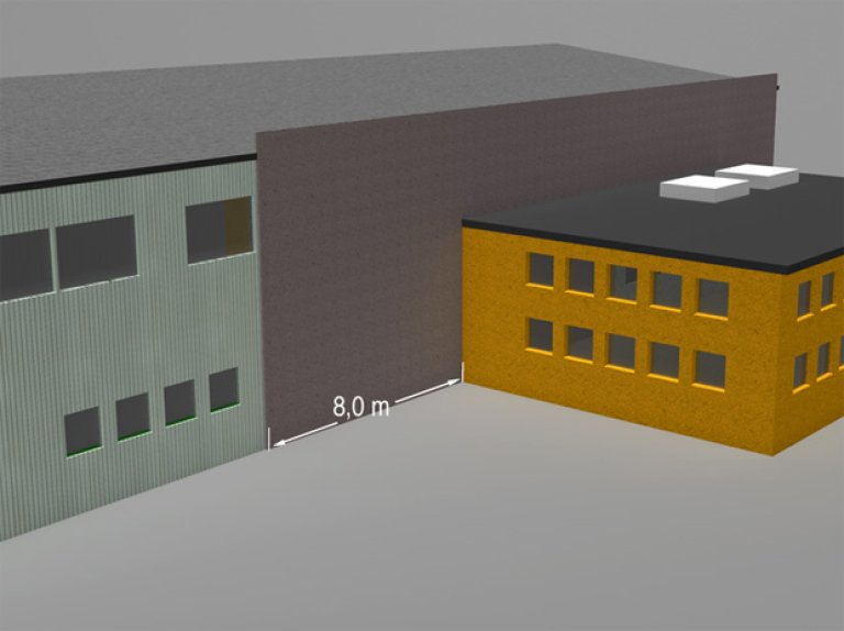 § 11-7 Figur 1a: Utforming for å hindre brannsmitte fra vegg til vegg i innvendige hjørner. Alternativ 1: Seksjoneringsvegg forlenges minimum 8,0 meter forbi innvendig hjørne.