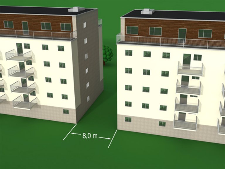 § 11-6 Figur 2: Skille mellom høye byggverk. Avstand minimum 8,0 m eller brannvegg(er).