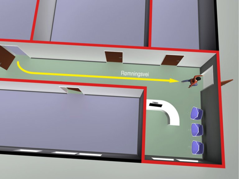 § 11-14 Figur 1: Små vaktrom/resepsjoner kan inngå som del av rømningsvei.