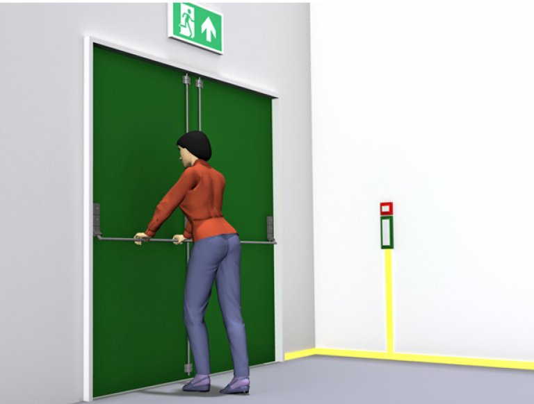 § 11-14 Figur 6: Dør i rømningsvei i byggverk i risikoklasse 5 og 6 må kunne åpnes manuelt med ett grep og uten bruk av nøkkel. § 11-14 Figur 6: Dør i rømningsvei i byggverk i risikoklasse 5 og 6 må kunne åpnes manuelt med ett grep og uten bruk av nøkkel.