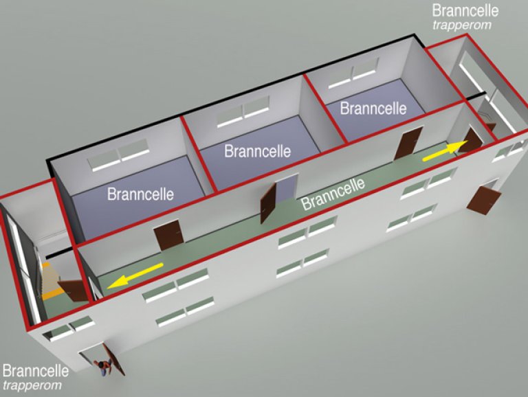 § 11-13 Figur 3: Branncelle med utgang til rømningsvei (korridor) med to alternative rømningsretninger som fører til to trapperom utført som rømningsvei.
