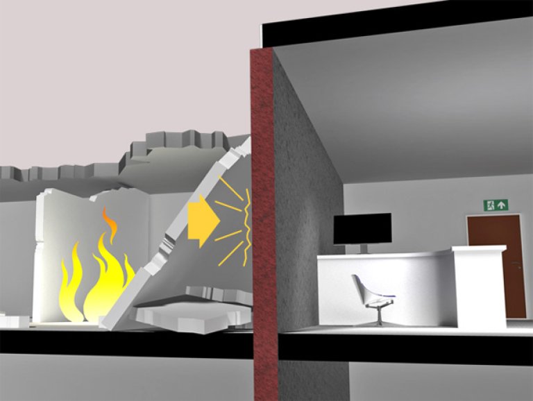 § 11-6 Figur 2: Brannvegg må være stabil i forutsatt brannmotstandstid selv om byggverket faller sammen på en side