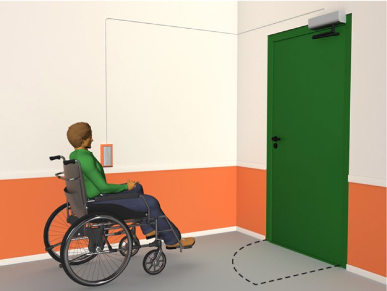 § 12-4 Figur 2: Døråpner må være plassert slik at den kan nås og slik at sammenstøt unngås når døren åpnes. § 12-4 Figur 2: Døråpner må være plassert slik at den kan nås og slik at sammenstøt unngås når døren åpnes.