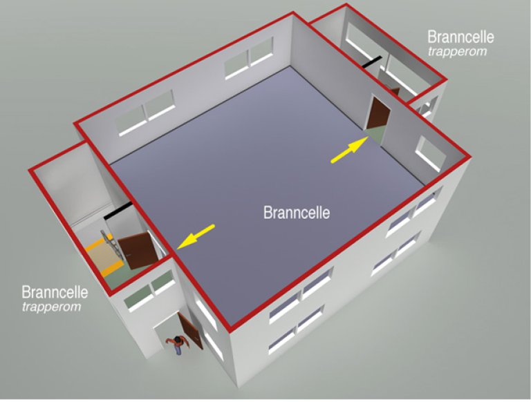 § 11-13 Figur 2: Branncelle med utgang til to trapperom utført som rømningsvei (to uavhengige rømningsveier).