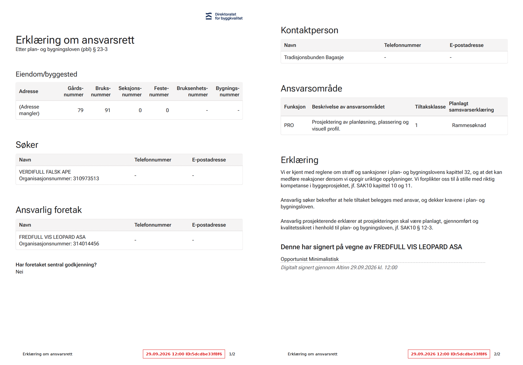 Eksempel på ansvarserklæring signert gjennom Fellestjenester plan og bygg