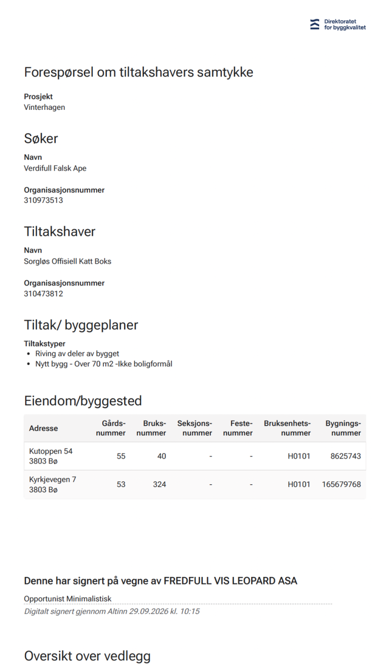 Eksempel på tiltakshavers samtykke til byggeplaner signert gjennom Fellestjenester plan og bygg
