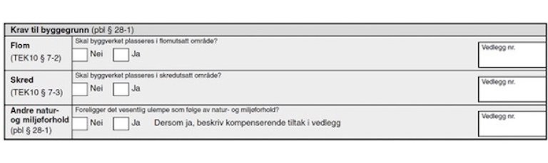 Figur 11.3. Utsnitt frå byggjesaksblankett 5153 Søknad om tiltak utan ansvarsrett Figur 11.3. Utsnitt frå byggjesaksblankett 5153 Søknad om tiltak utan ansvarsrett