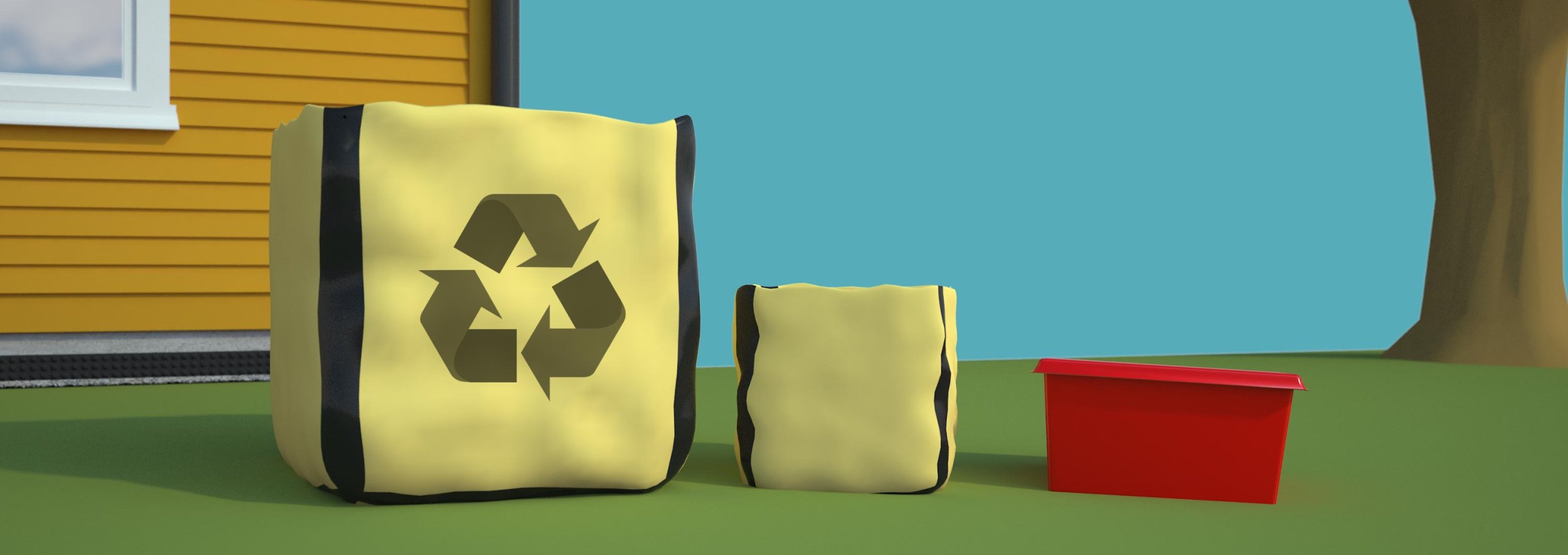 illustrasjon avfallssekker med og uten symbol for gjenvinning