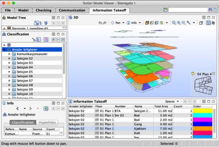 Eksempel på tilpasset informasjonsuttrekk i Solibri Model Viewer Skjermdump som viser tilpasset informasjonsuttrekk i Solibri Model Viewer